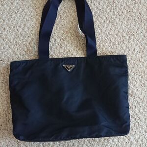 Black Prada nylon fabric with navy blue double handles tote